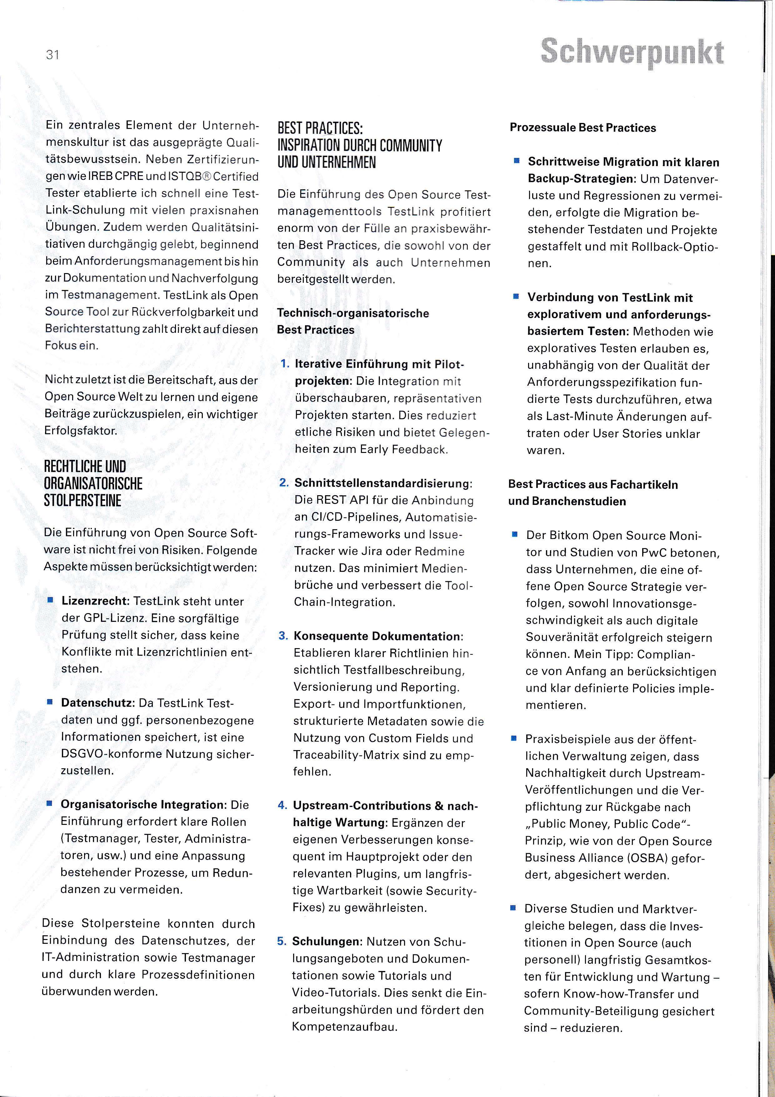 SQ Magazin: Open Source neu gedacht - Integration des Open Source Testmanagementtools TestLink - Ein Erfahrungsberichtt